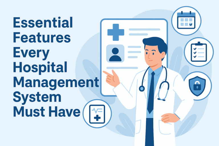 Illustration of a doctor explaining essential features of a Hospital Management System with icons for scheduling, checklist, security, and medical records.
